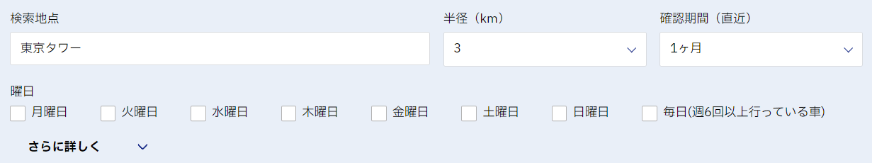 検索ボックス(検索地点、半径、期間)